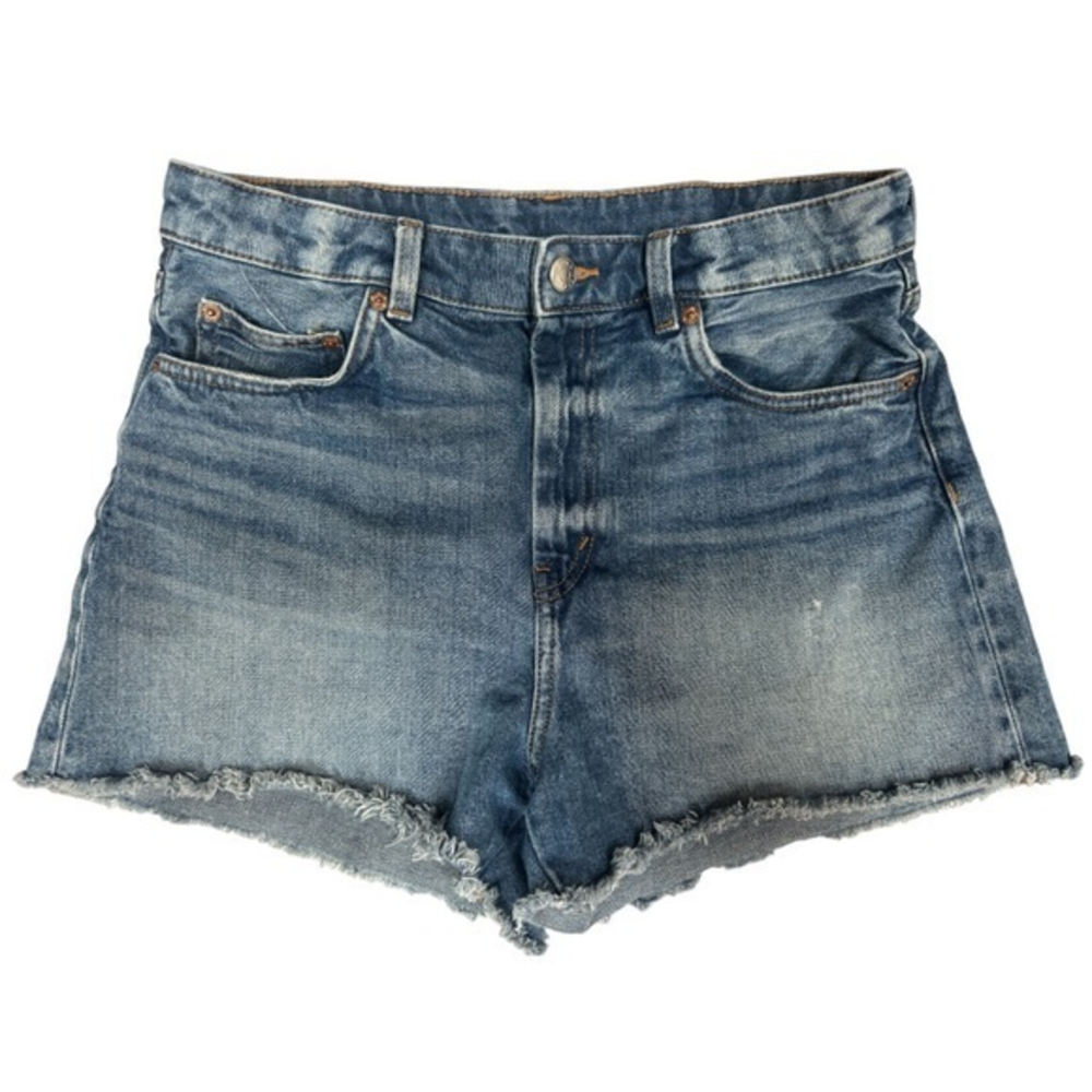 MONKI Women's Barely Distressed Denim Frayed High Waist Stockholm Shorts Sz 30